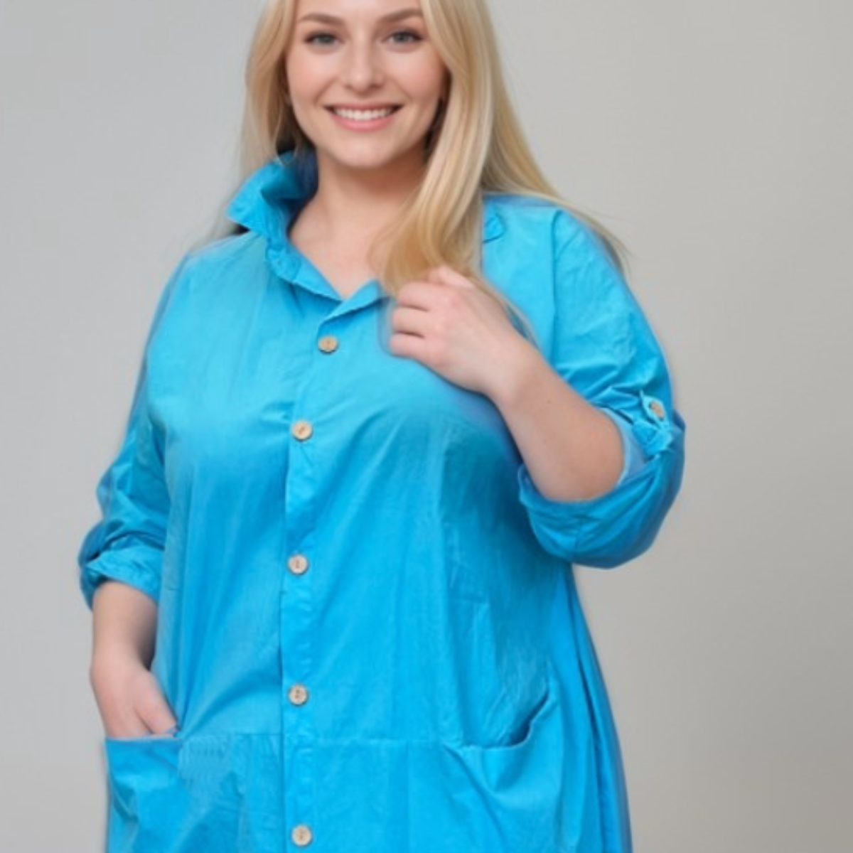 Plus-Size Oversized Cotton Shirt Dress with Front Pockets