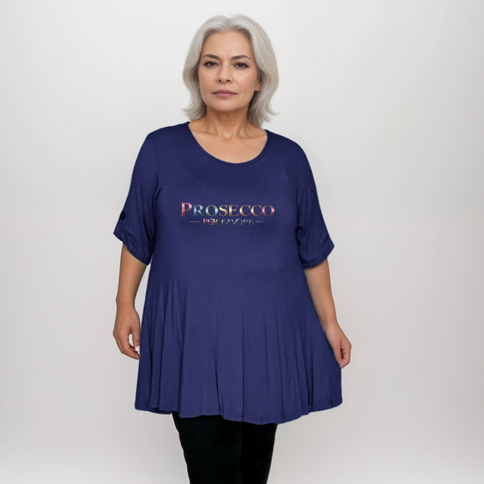 Prosecco Per Favour Plus-Size Button Sleeve Swing TopNAVY BLUE / UK 14