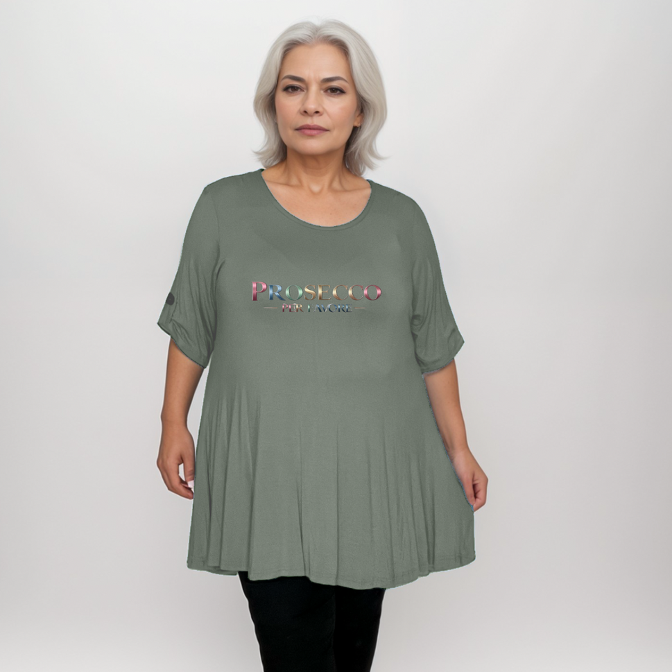Prosecco Per Favour Plus-Size Button Sleeve Swing TopKHAKI / UK 14