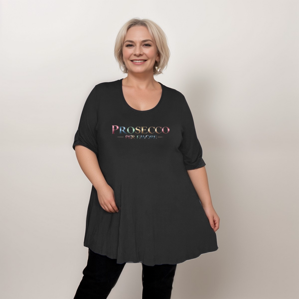 Prosecco Per Favour Plus-Size Button Sleeve Swing TopBLACK / UK 14