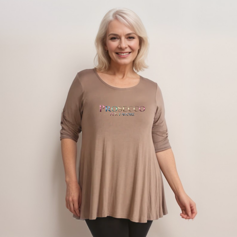 Prosecco Per Favour Plus-Size Button Sleeve Swing TopMOCHA / UK 14