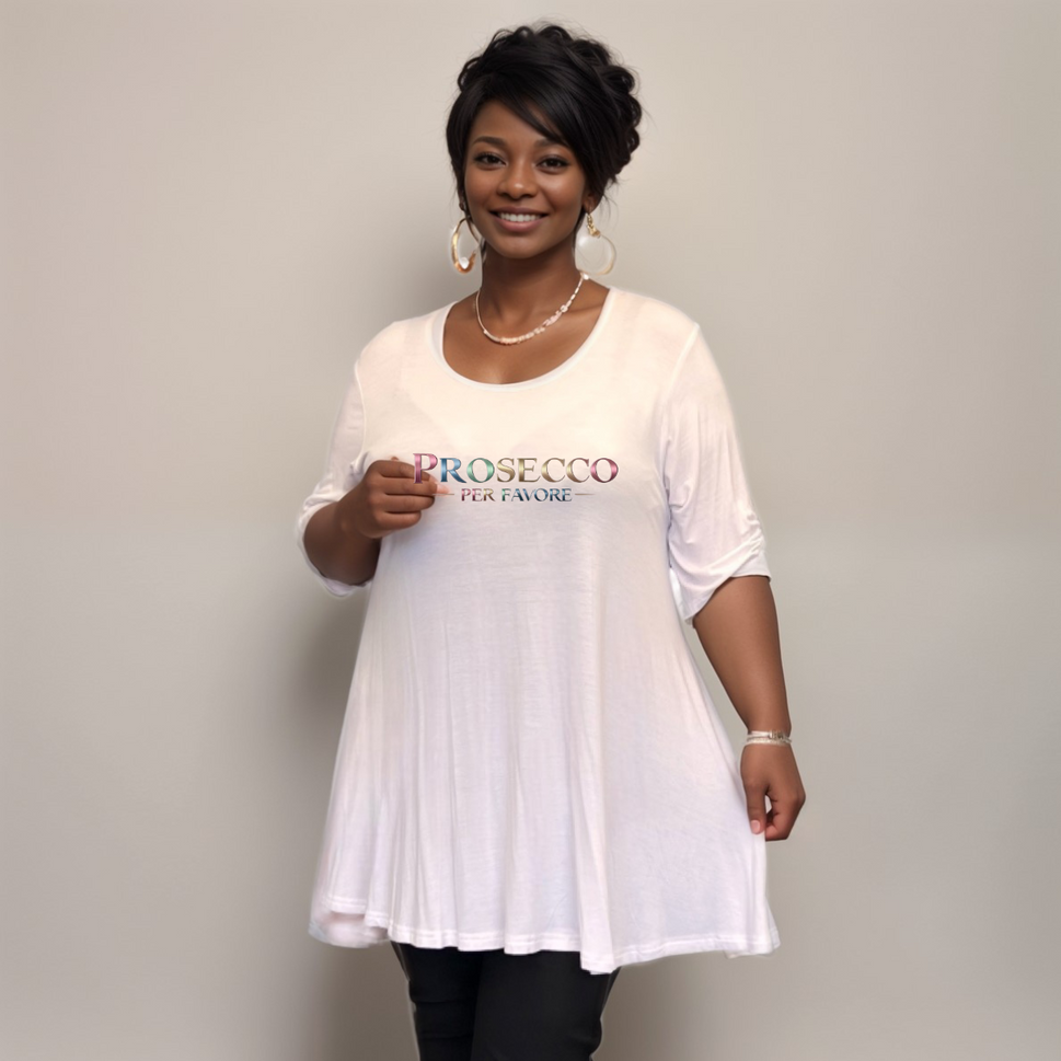 Prosecco Per Favour Plus-Size Button Sleeve Swing TopWHITE / UK 14