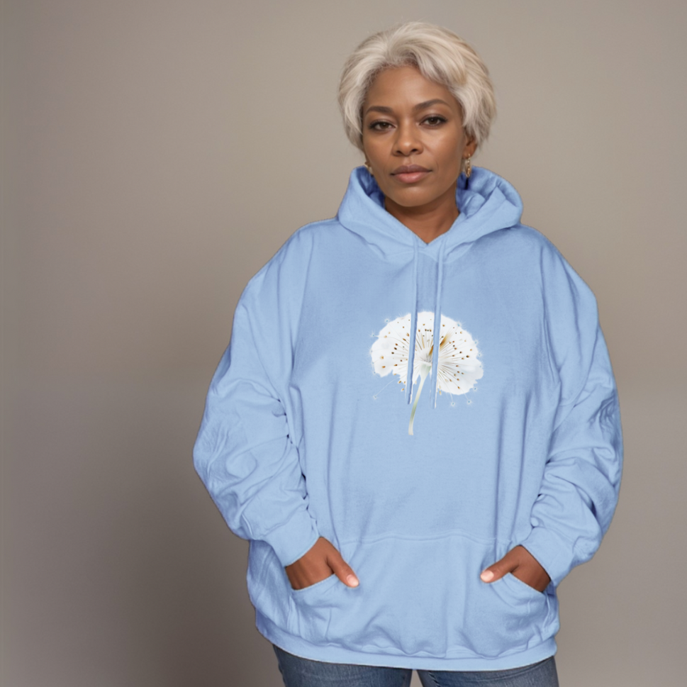 Loose-Fitting Cotton Hoodie with Dandelion Print Plus-SizePALE BLUE / UK 12-14
