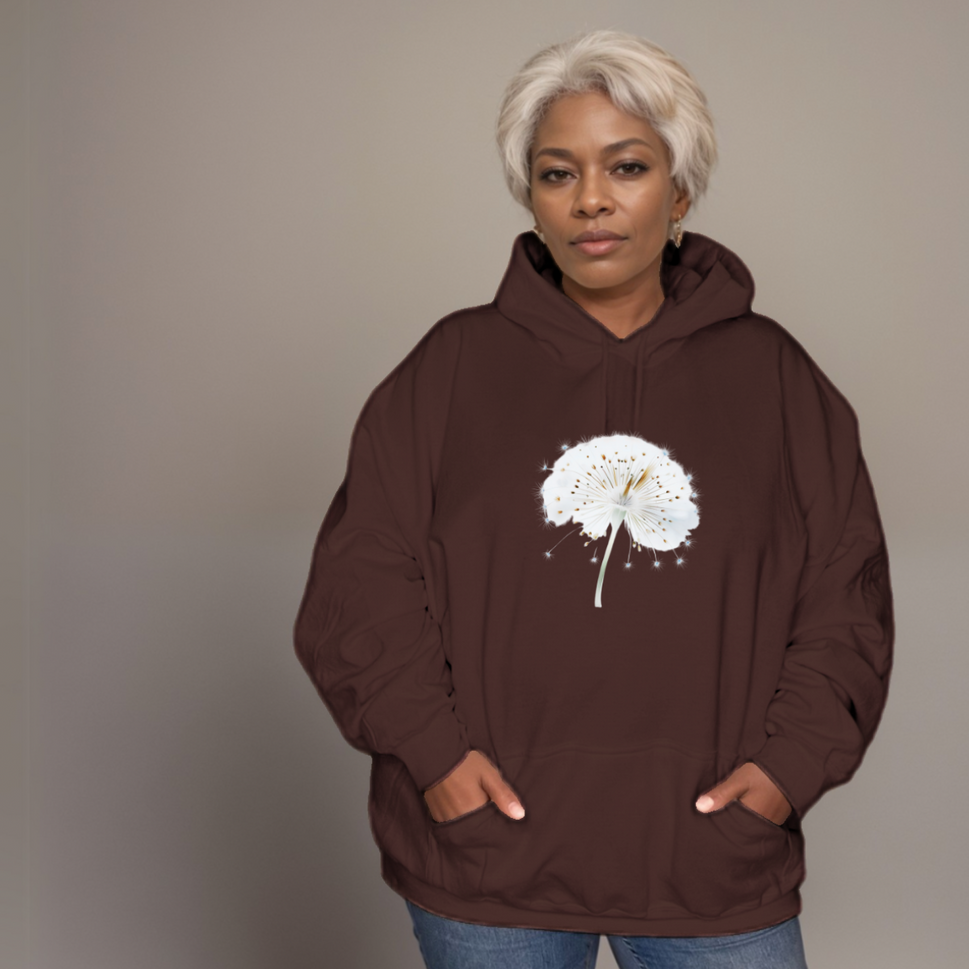 Loose-Fitting Cotton Hoodie with Dandelion Print Plus-SizeBROWN / UK 12-14