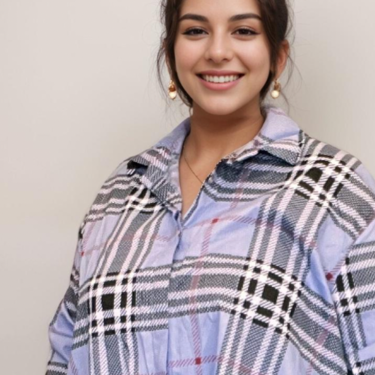 Check Pattern Dipped-Hem Shirt/Blouse Plus Size