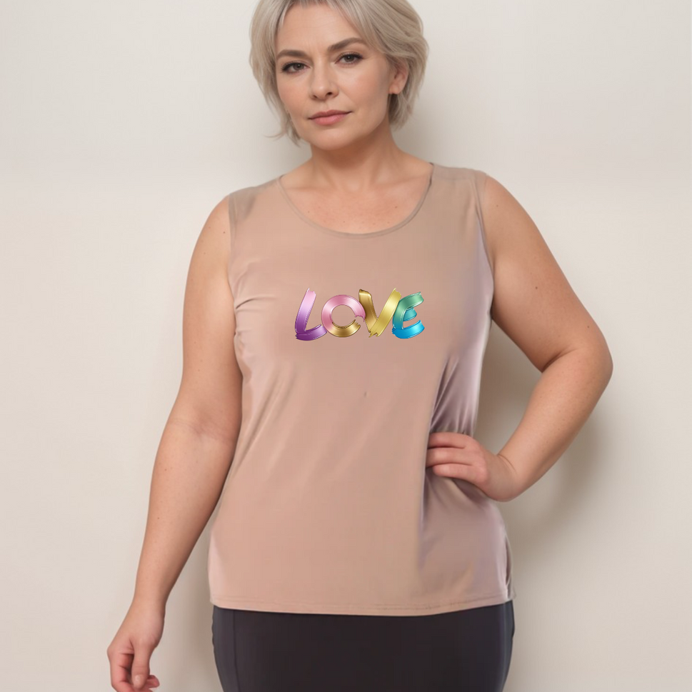 Sleeveless Cut-Side Vest with Multi-Colour “LOVE” LogoTAUPE / UK 12-14