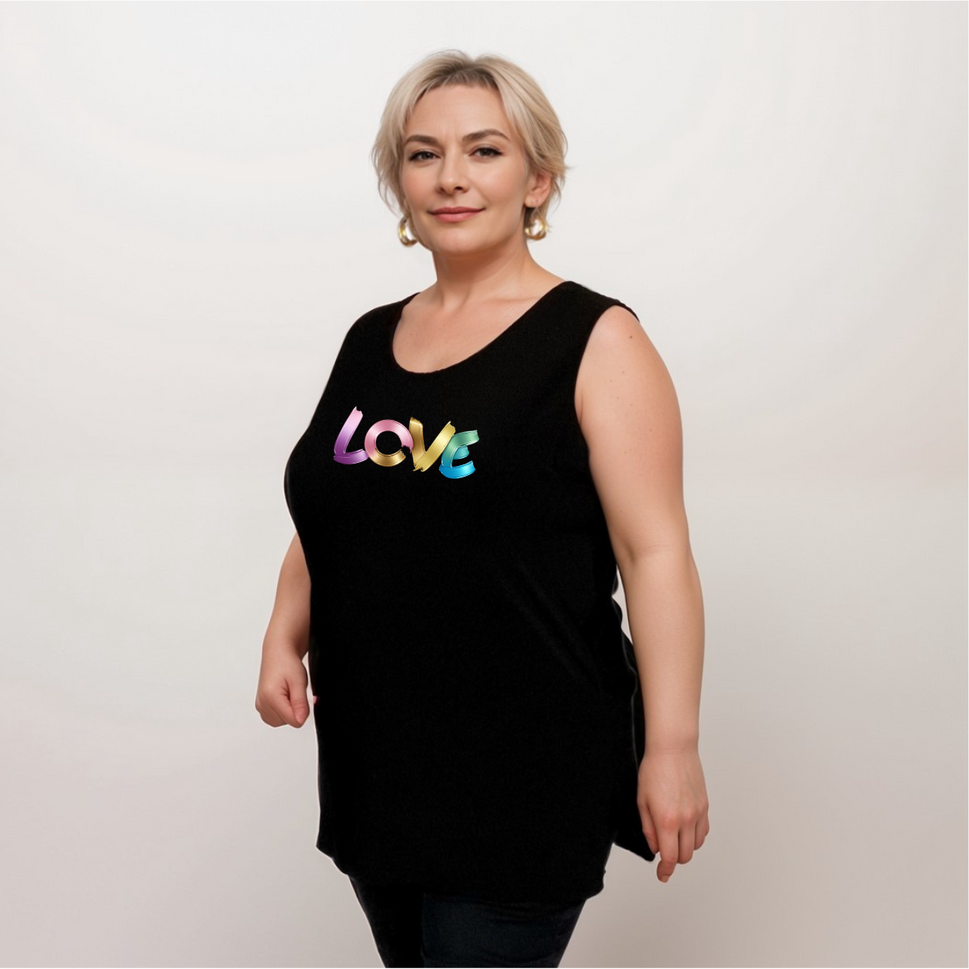 Sleeveless Cut-Side Vest with Multi-Colour “LOVE” LogoBLACK / UK 12-14