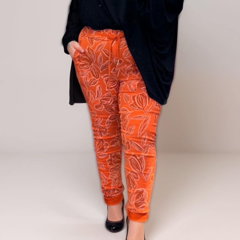 Stretchy Floral Skinny Jeans (“Magic Trousers”) with Side Pockets
