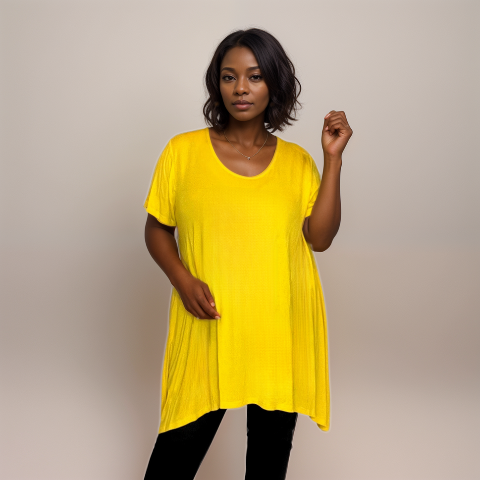 Long Plain Short Sleeve Swing Top with Hanky Hem