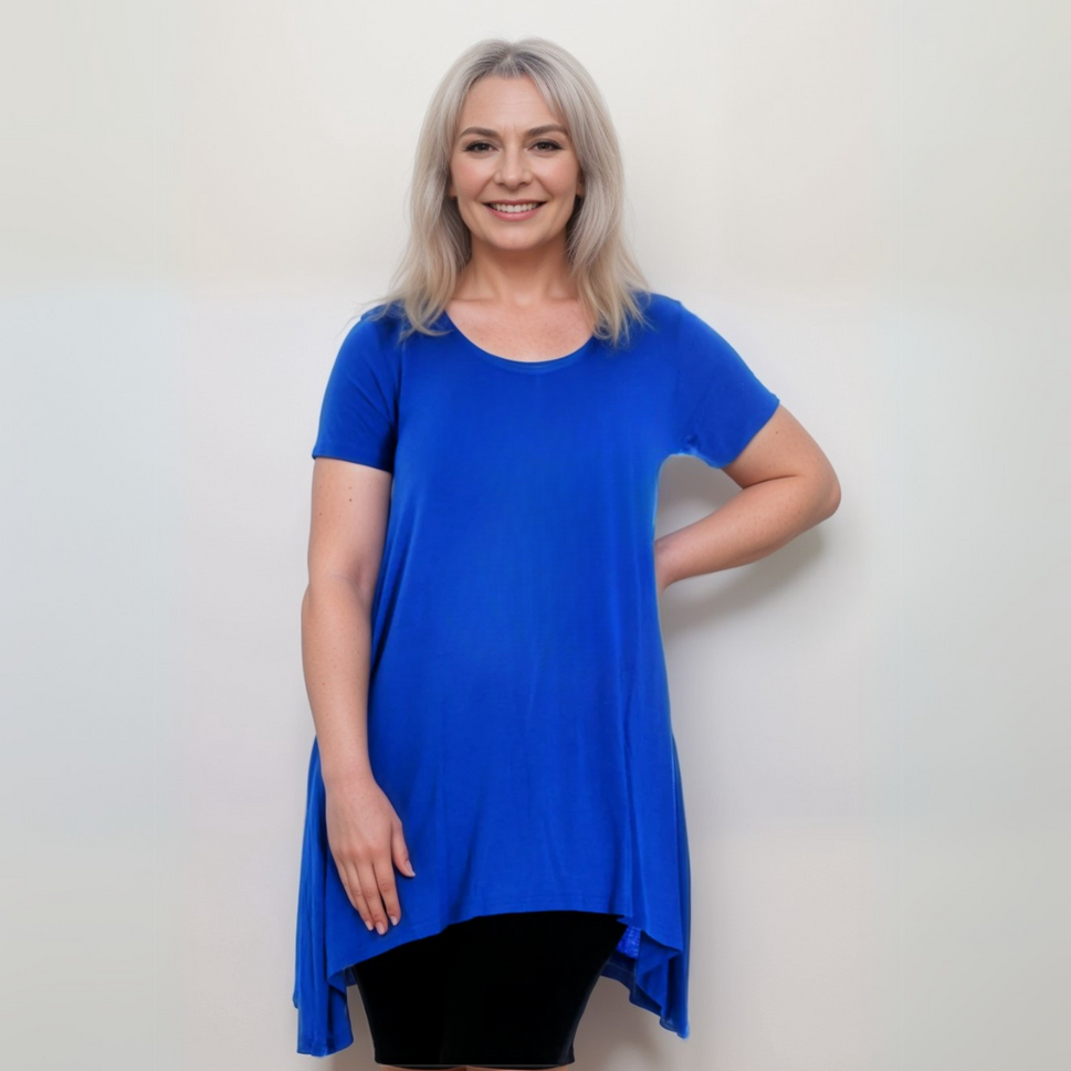 Long Plain Short Sleeve Swing Top with Hanky HemROYAL BLUE / UK 14