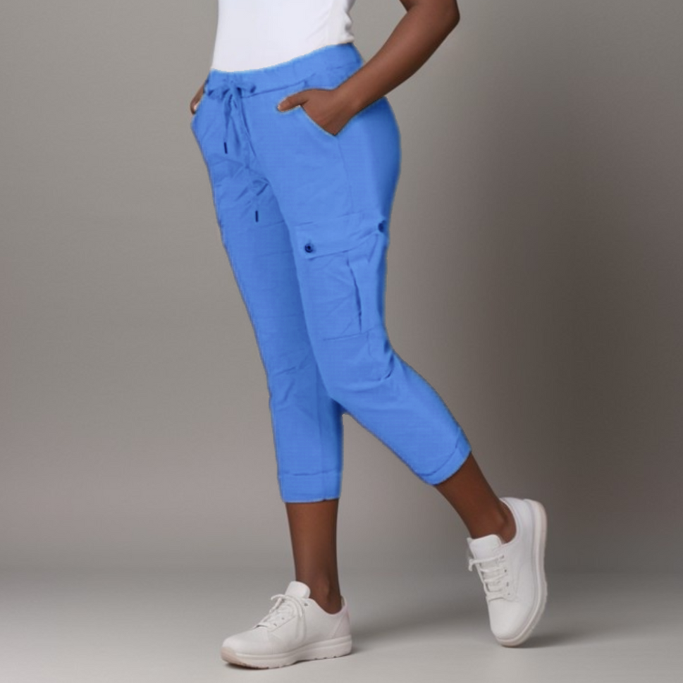 Super-Stretch High-Rise Elastic-Waist Cargo Magic TrousersDENIM BLUE / UK 12-14