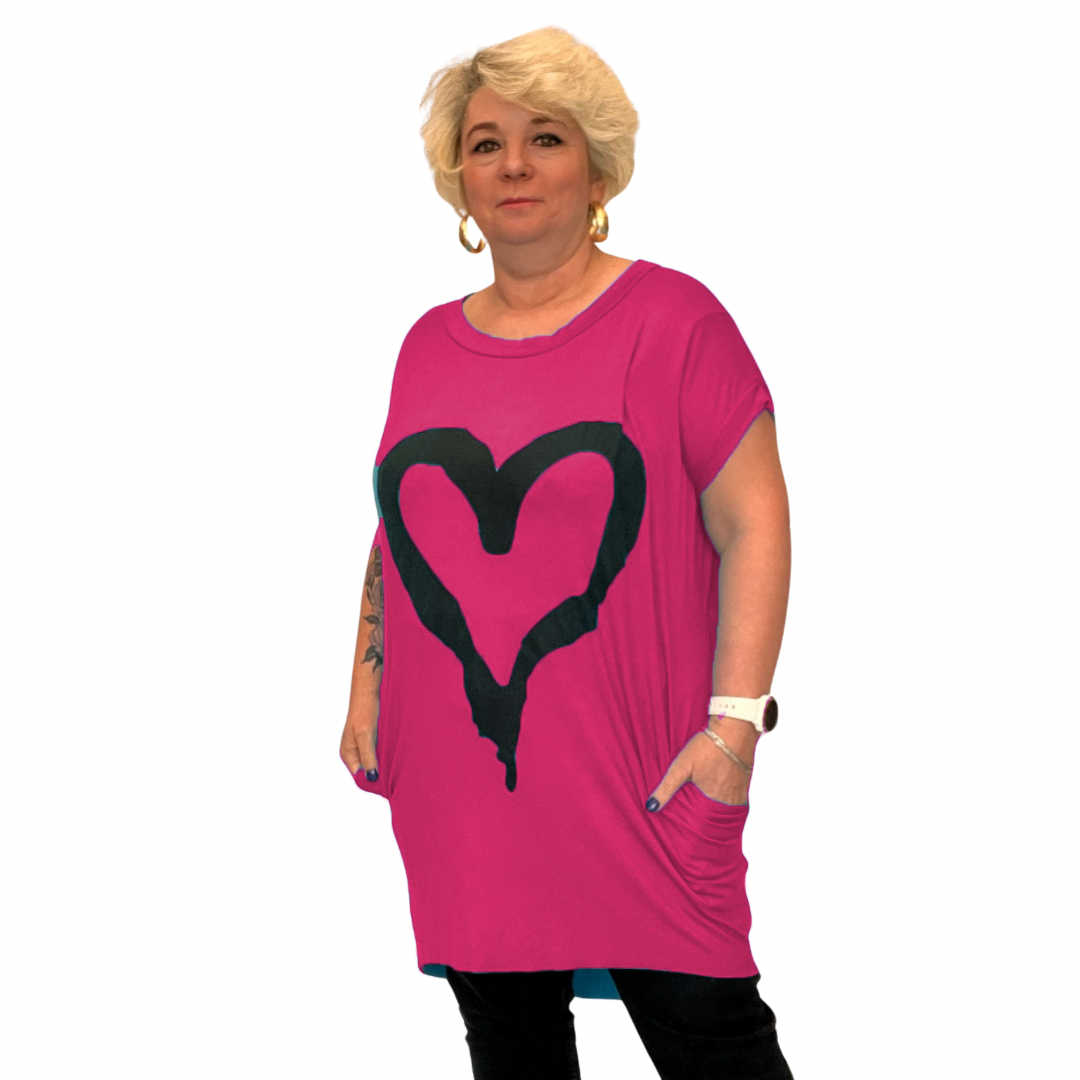 Cap Sleeve Long Dipped hem Pocket Heart T-shirt