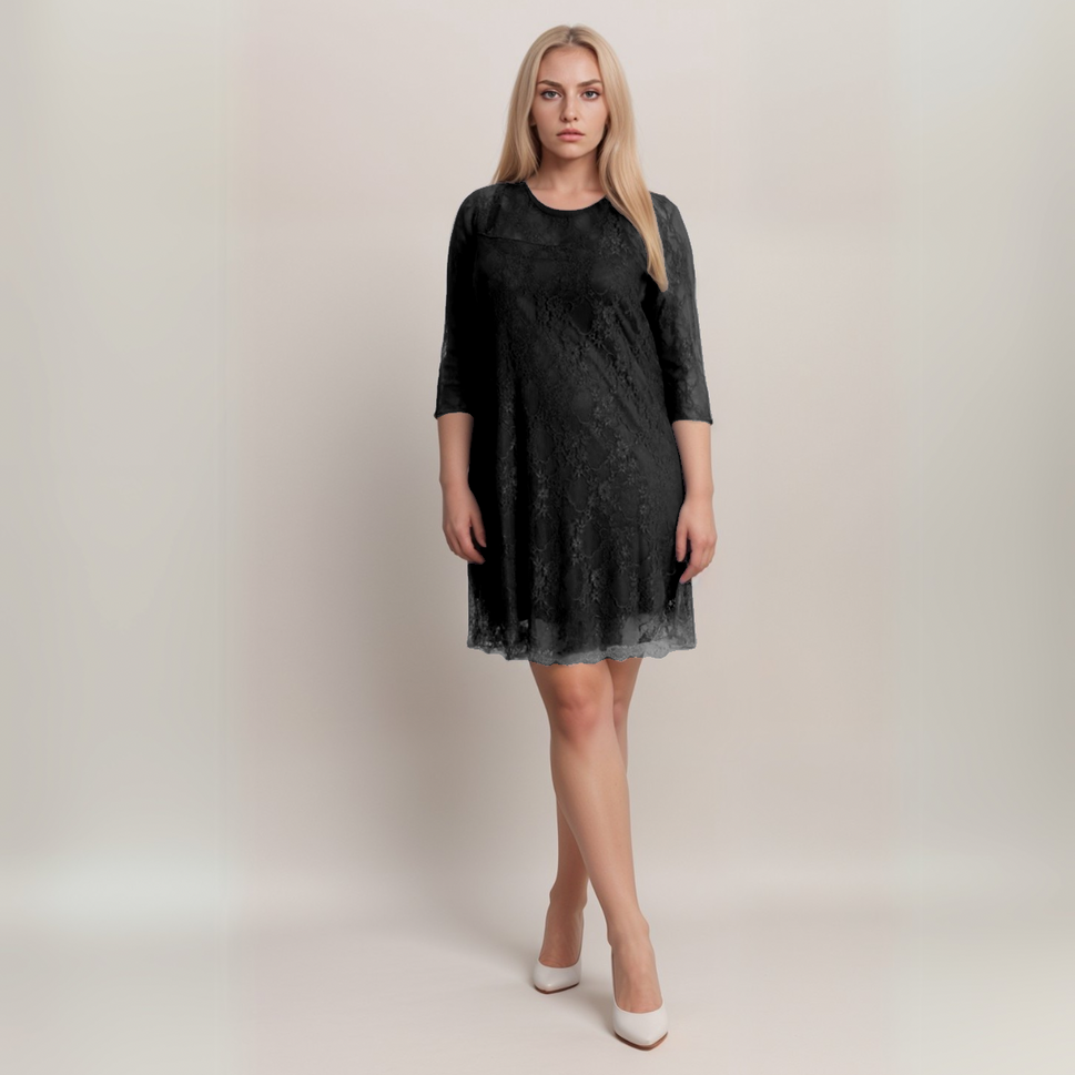 Plus‑Size Fine Lace 3/4 Sleeve Swing Dress with Sweetheart NecklineBLACK / UK 14