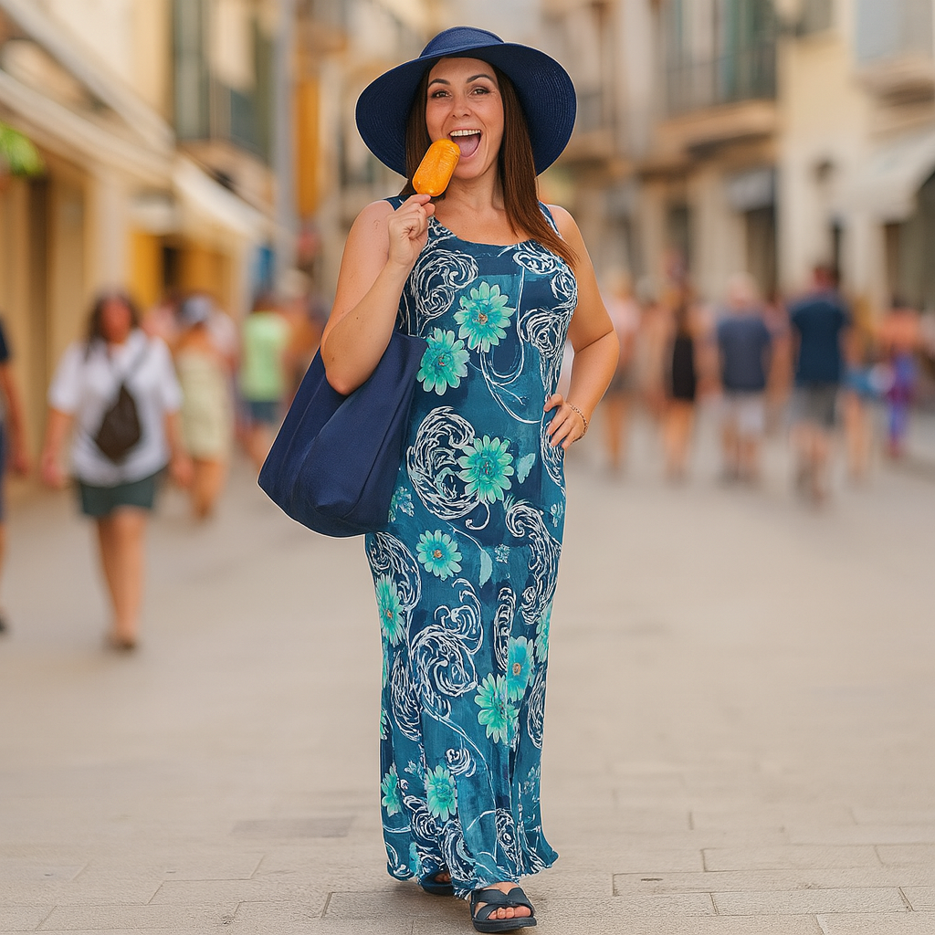 Sleeveless Turquoise + Blue Floral Pattern Maxi Dress