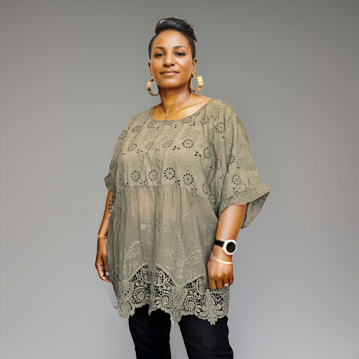 Plus‑Size Cotton Lace Hem Blouse