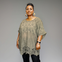 Plus‑Size Cotton Lace Hem Blouse