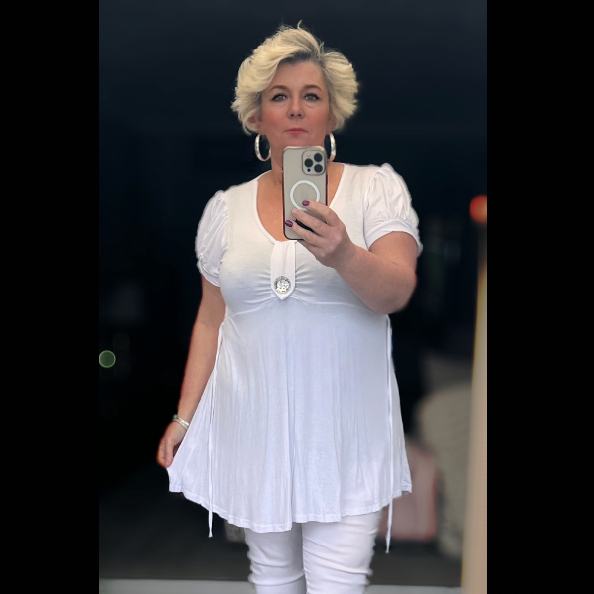 ROCKTHOSECURVES PUFF SLEEVE BUTTON FRONT TUNIC TOP