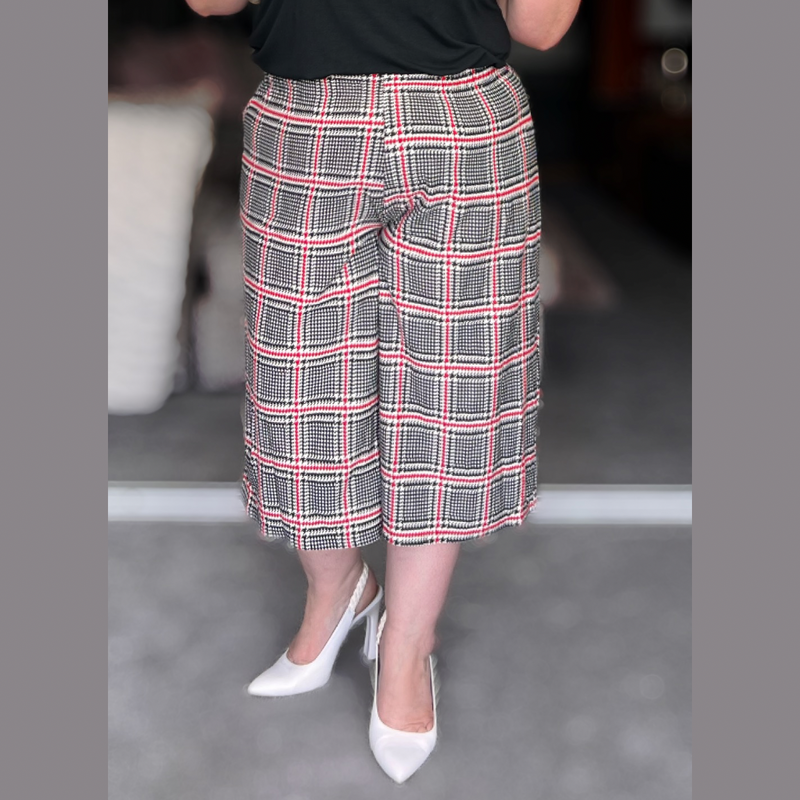 DOGTOOTH ELASTIC WAIST CULOTTES / SHORTS WITH RED STRIPE
