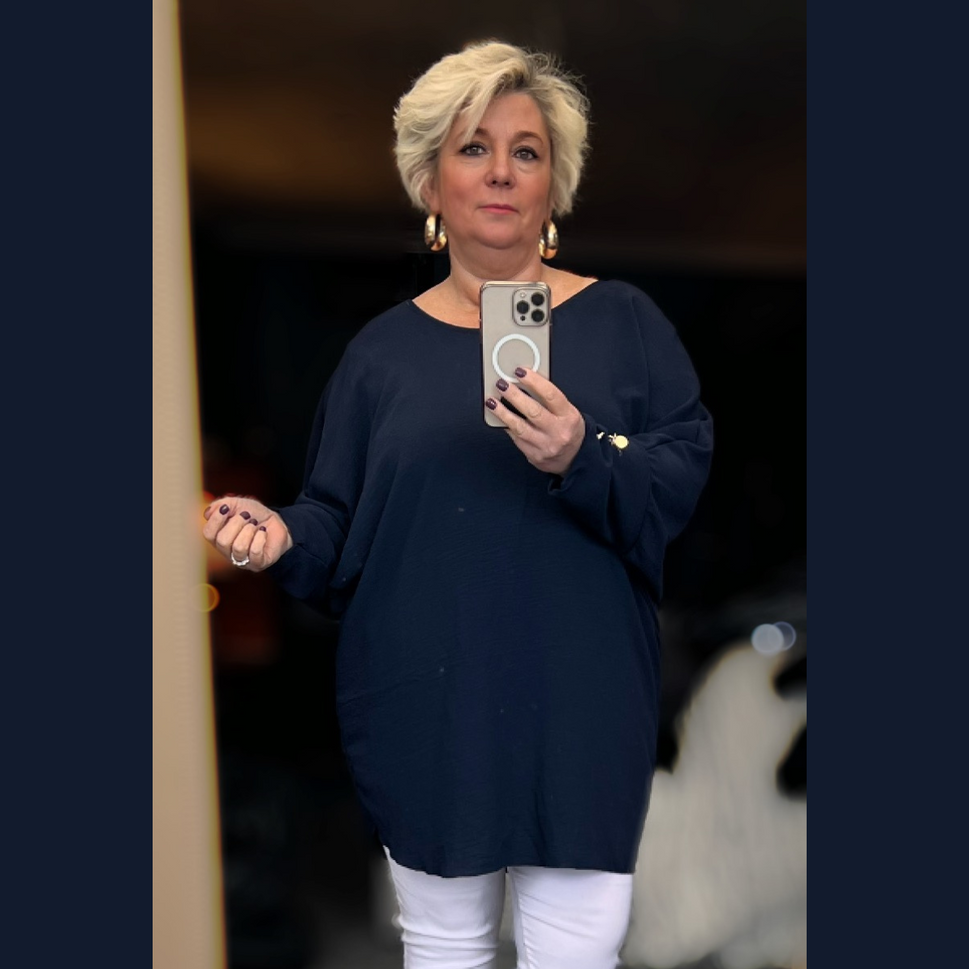 ROCKTHOSECURVES BATWING BUTTON CUFF LONG LENGTH BLOUSE WITH CUT OUT BACKNavy / UK 16-18