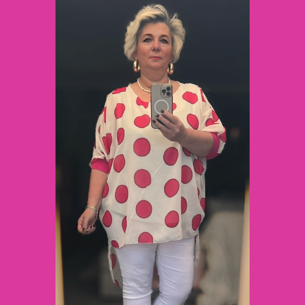 LARGE SPOT LONG DIPPED HEM BUTTON SLEEVE BLOUSE