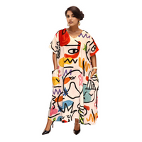 ABSTRACT PATTERN LINEN LOOSE FITTING DRESS WITH POCKETS