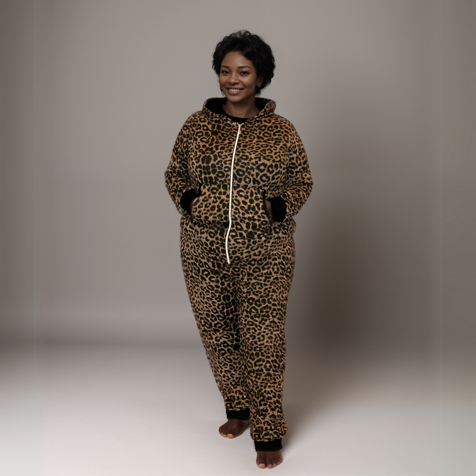 Plus-Size Leopard Print Stretch Lounge Jumpsuit