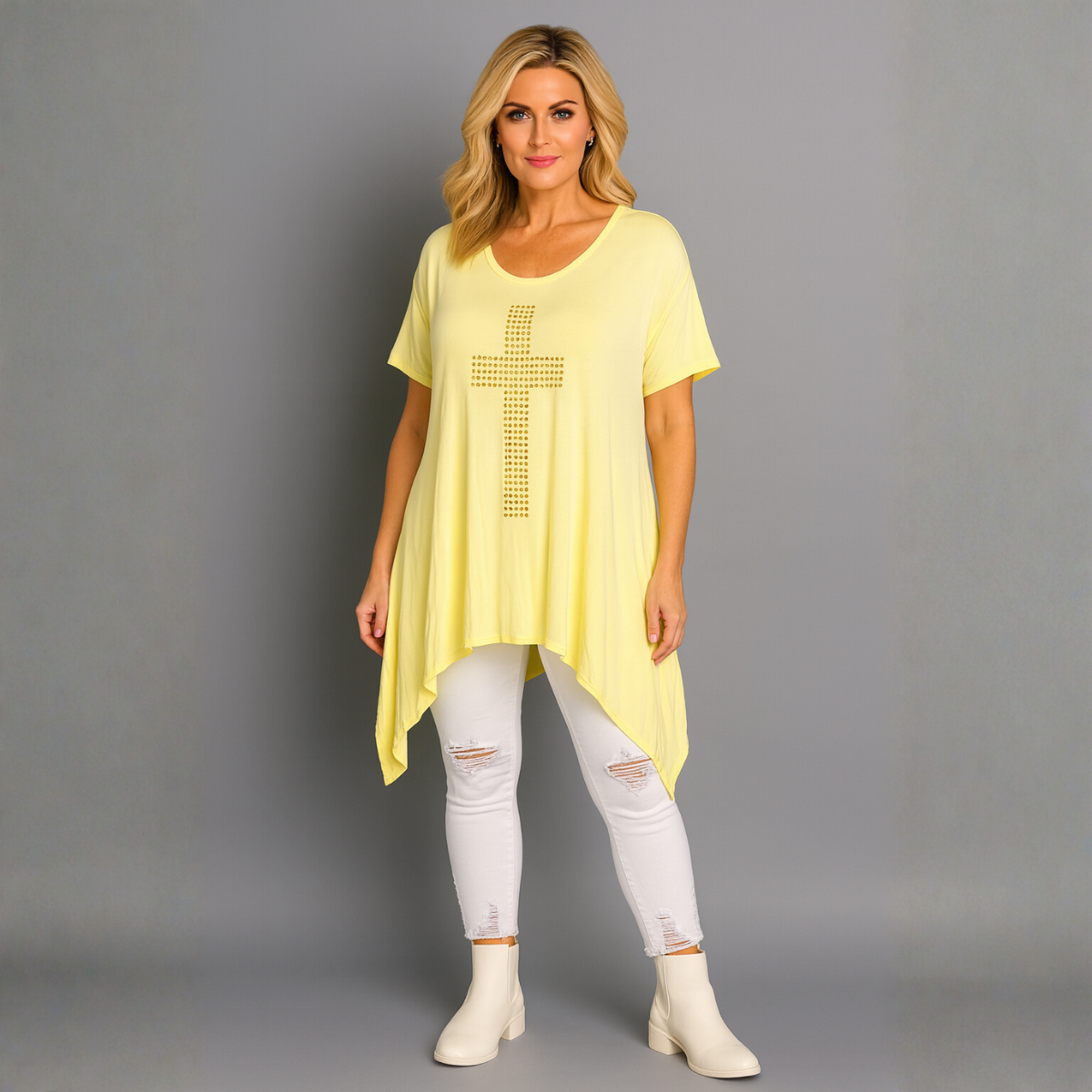 Short Sleeve Handkerchief Hem Top with Studded Cross Detail