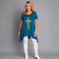 Short Sleeve Handkerchief Hem Top with Studded Cross Detail