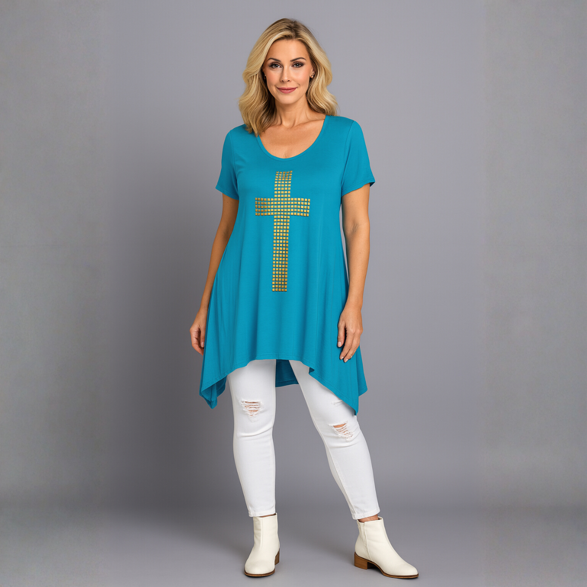 Short Sleeve Handkerchief Hem Top with Studded Cross Detail