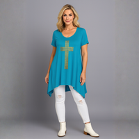 Short Sleeve Handkerchief Hem Top with Studded Cross Detail