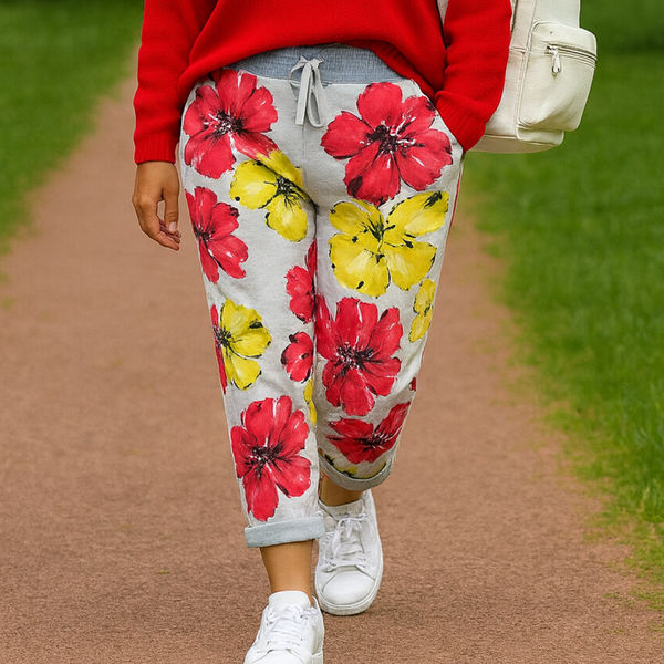 Red & Yellow Floral Elastic Waist Pocket Joggers