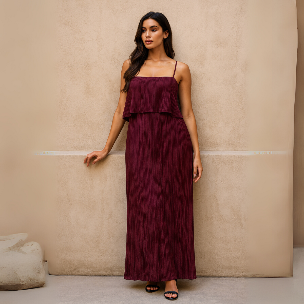 Pleated Strappy Maxi Dress with overlay top