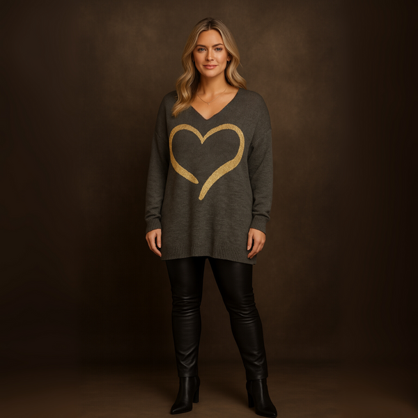 Oversized V-Neck Knitted Jumper with Gold Heart