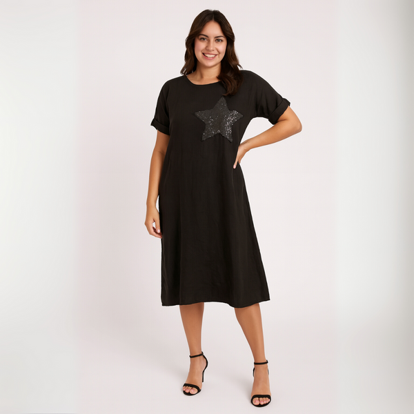 Black Pure Cotton Dress with Silver Sequin Star + Pockets