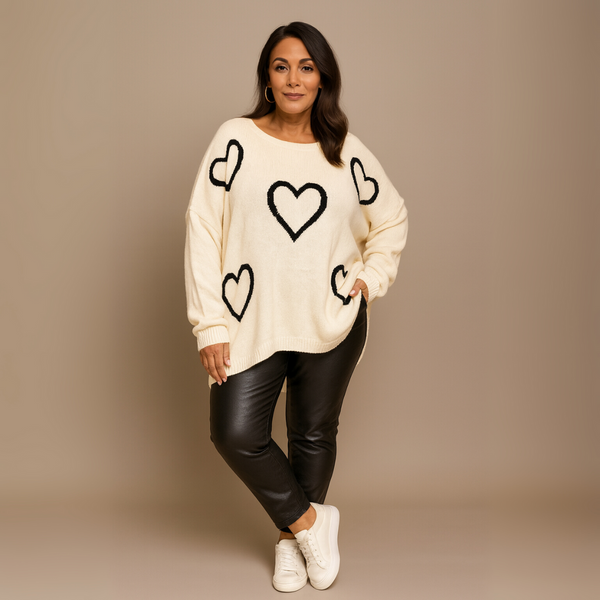 SCOOP HEM OVERSIZED KNITTED JUMPER WITH HEARTS