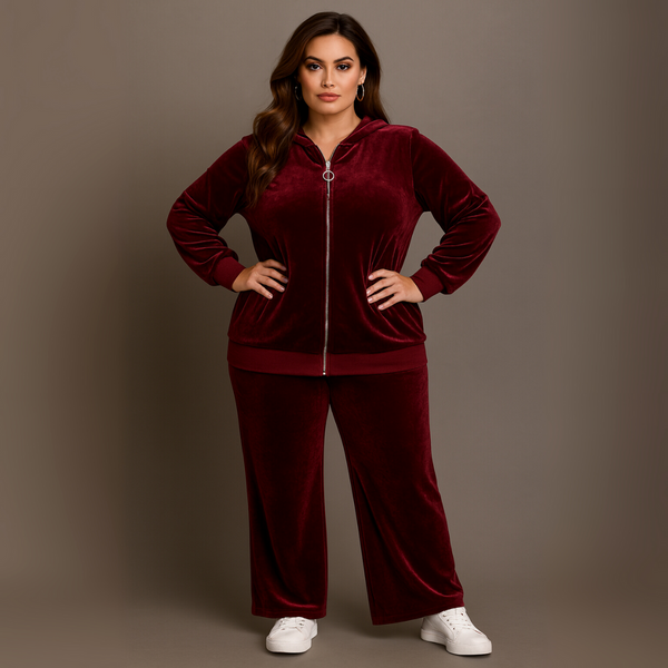 Velour Zip Up Tracksuit Set with Hood