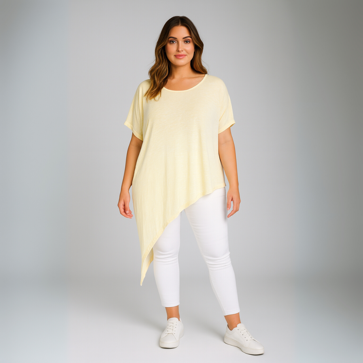 Short Sleeve Long Length Asymmetrical Hem Top