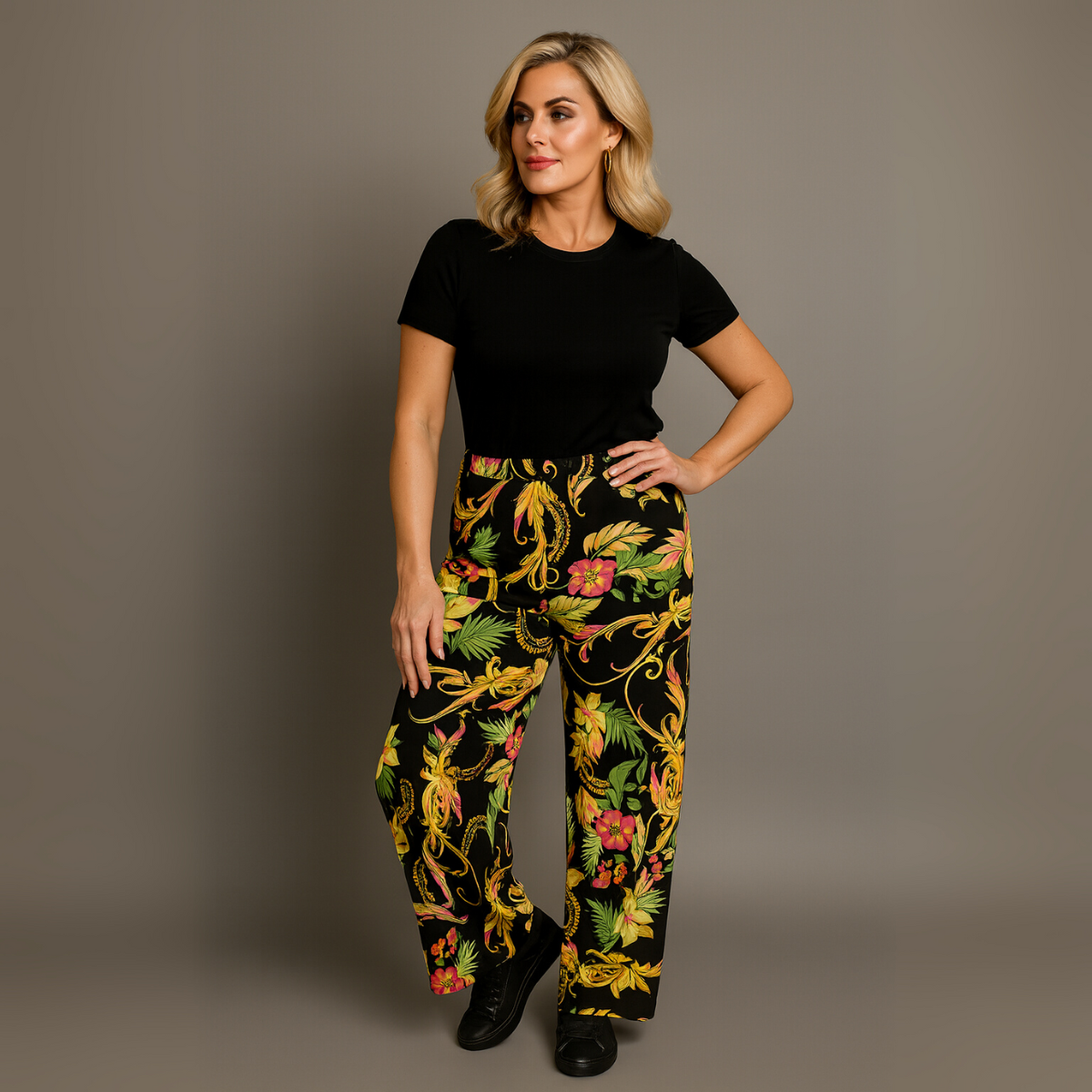 Black Yellow Tropical High Waist Palazzo Trousers