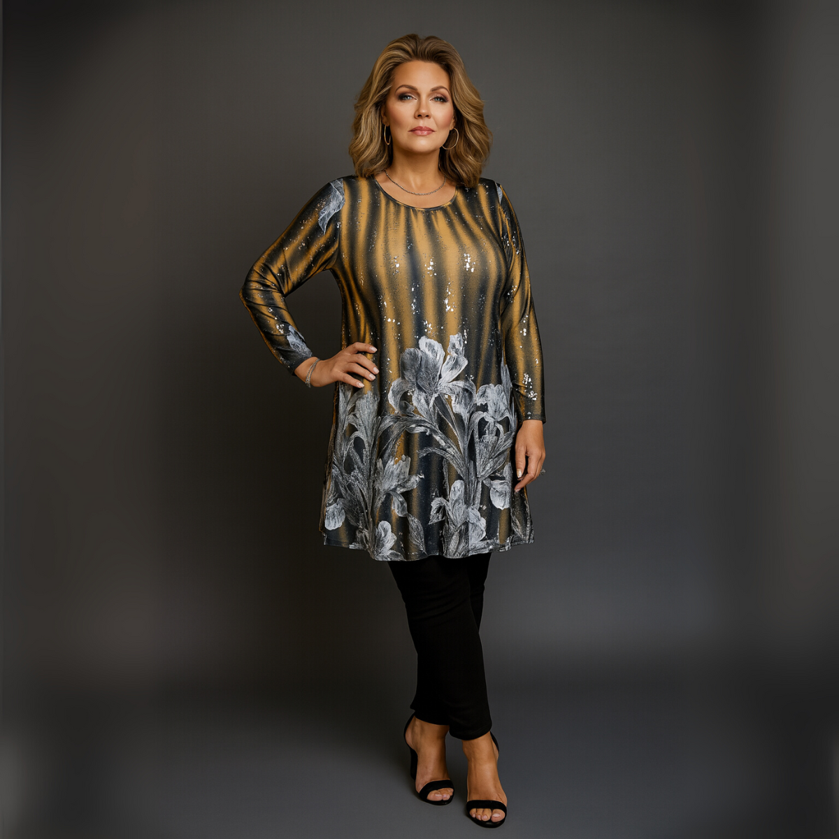 Sequin Floral Long Length Swing Top