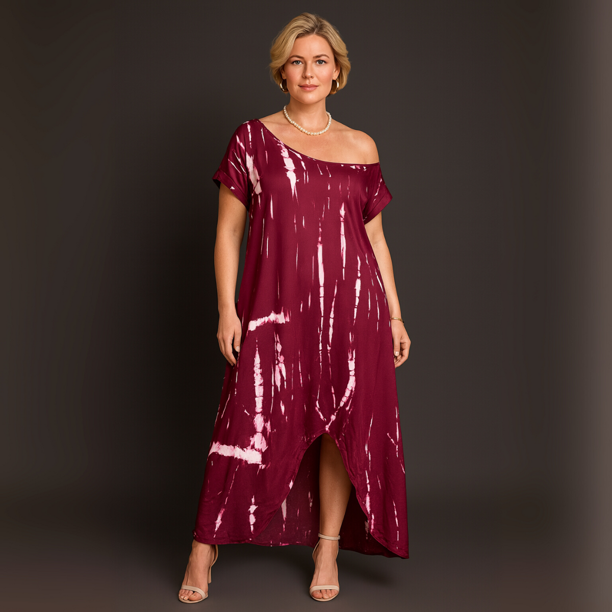 Tie Dye Off Shoulder Calf Length Dress