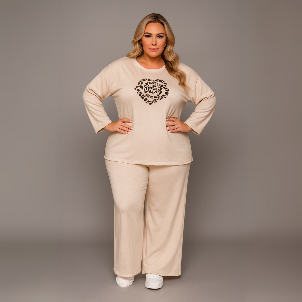 Leopard Motif Wide Leg Tracksuit Set
