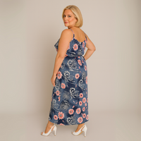 Blue Pink Floral V Frilled Top Maxi Dress