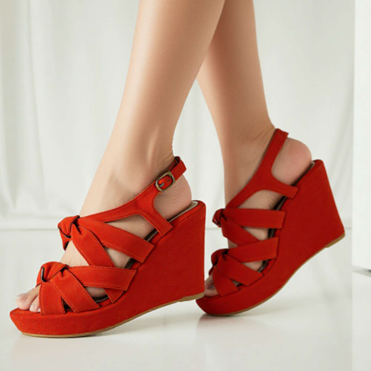 Coral Suedette Knot Front Wedge Heel Sandals