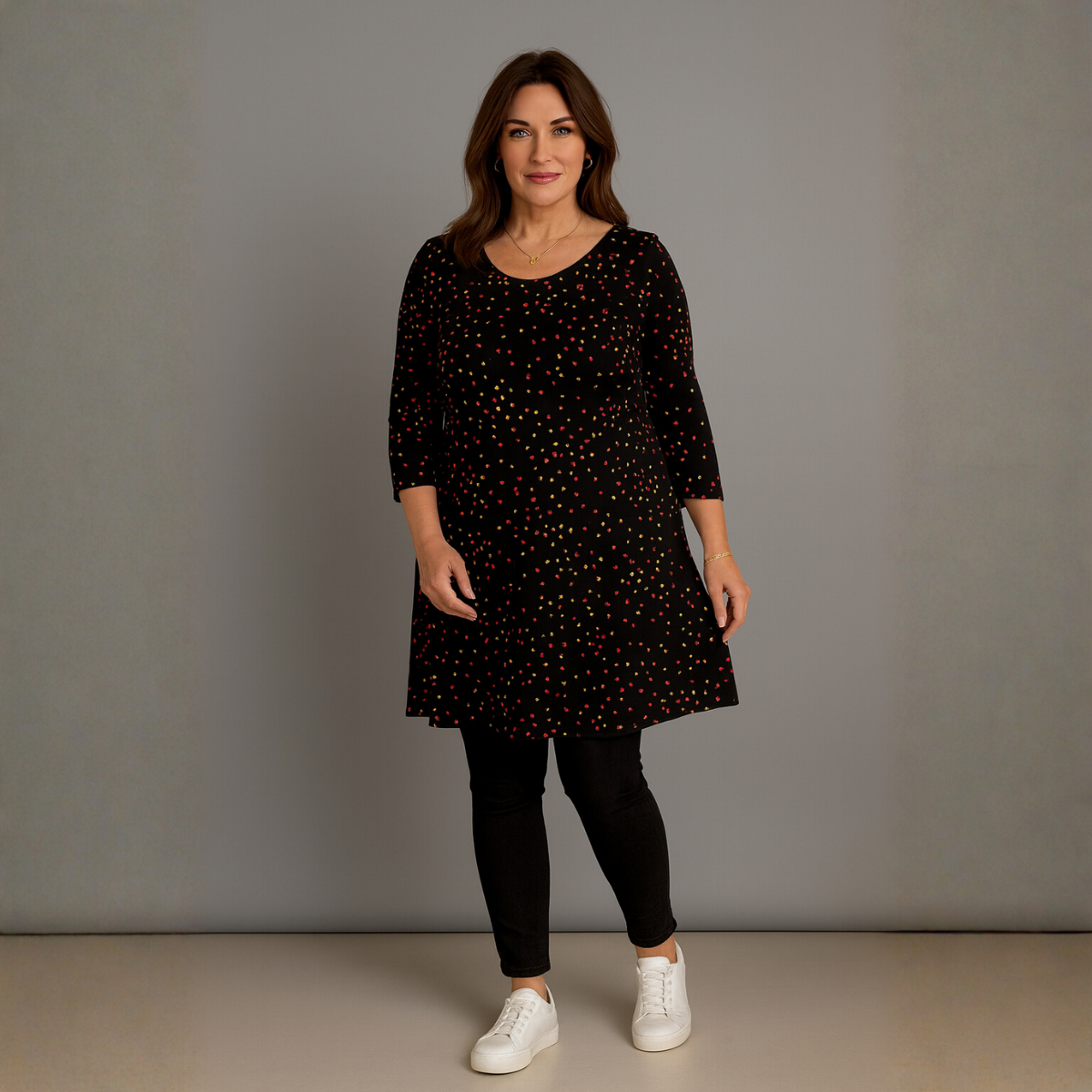 Black Multi Spots 3/4 Sleeve Swing Top