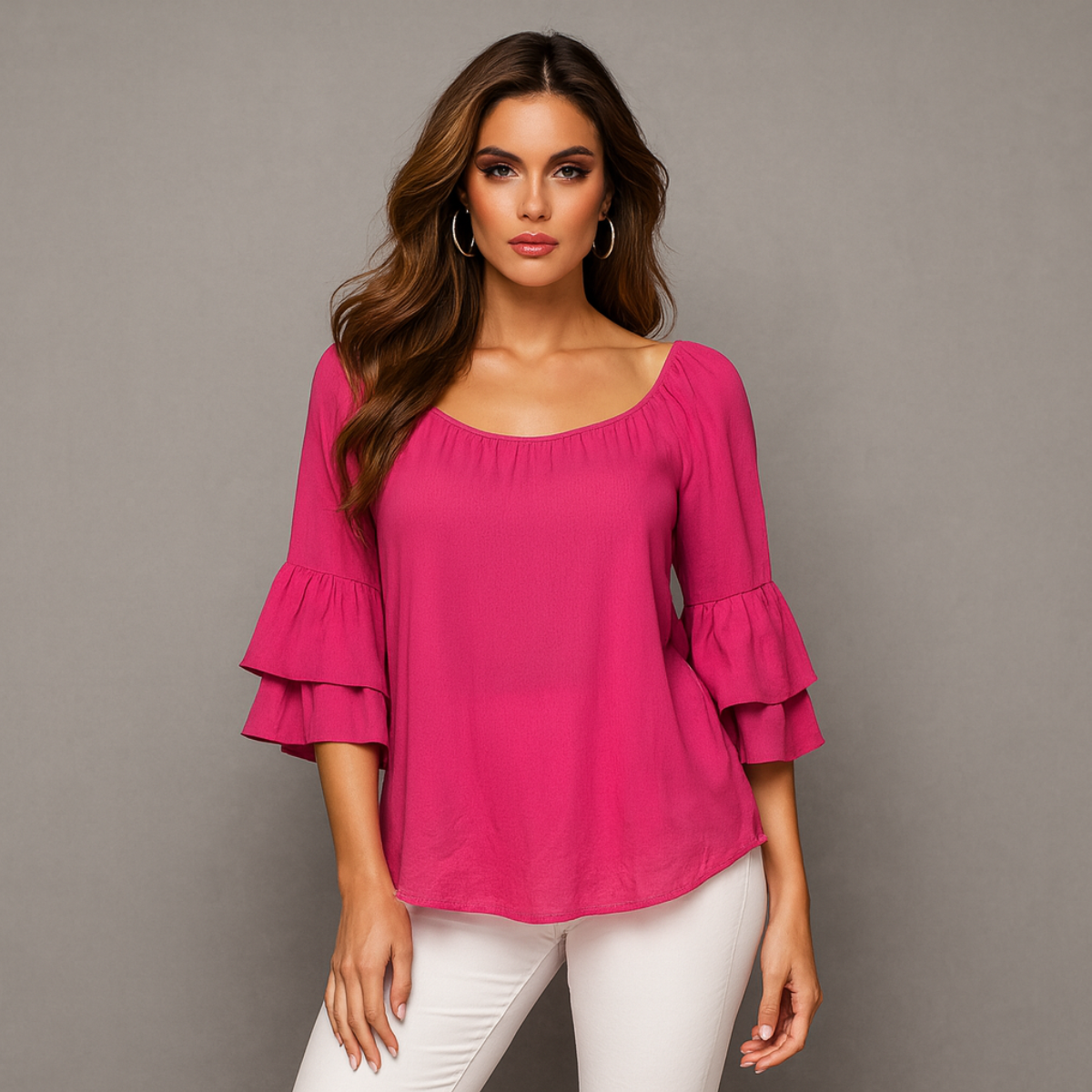 Frilled 1/2 sleeve dipped hem blouse