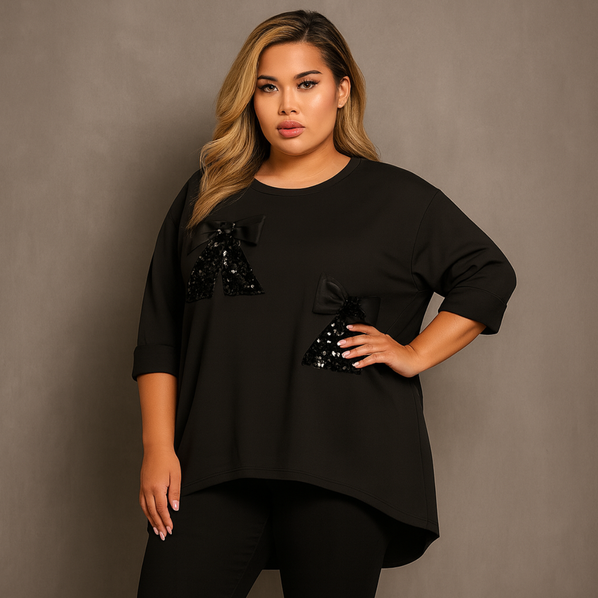 Sequin Bows Dipped Hem Sweatshirt