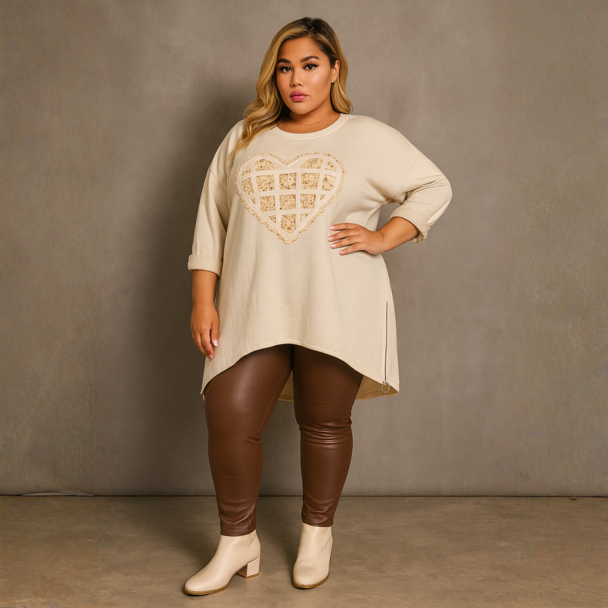 Sequin Heart Dipped Hem Sweatshirt