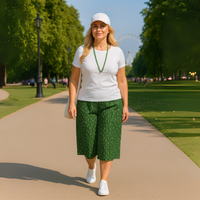 Green Floral Pleated Elastic Waist Culottes