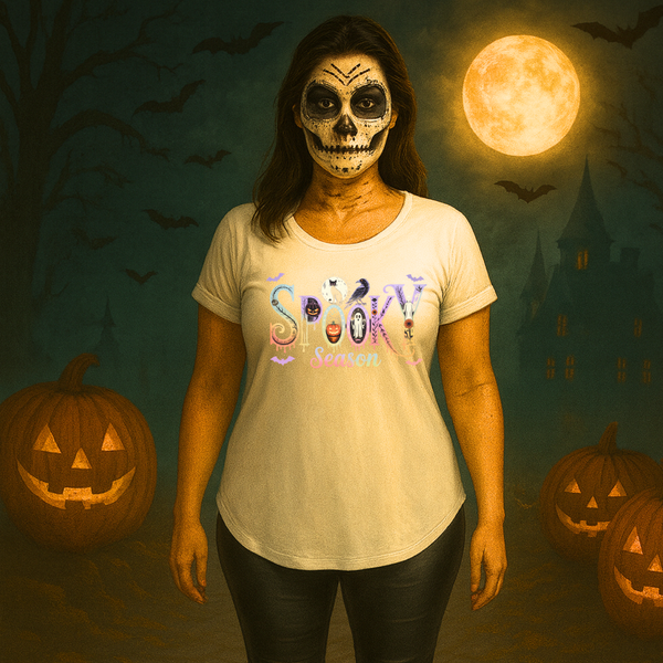 Dipped-Hem T-Shirt with Spooky Halloween print