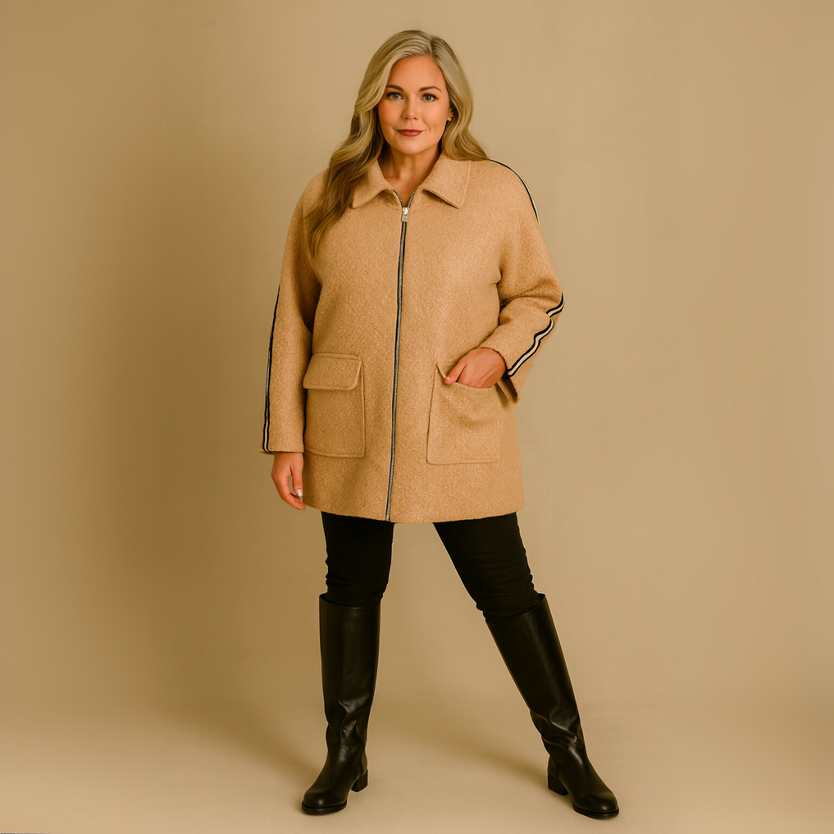 Bouclé Zip Up Teddy Coat with Shoulder Stripes